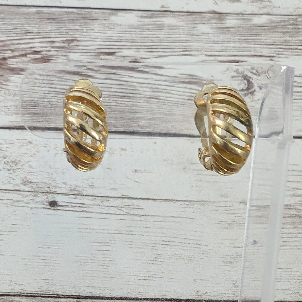 Vintage Clip On Earrings Gold Tone Cut Out Half Hoops - Condition Issues